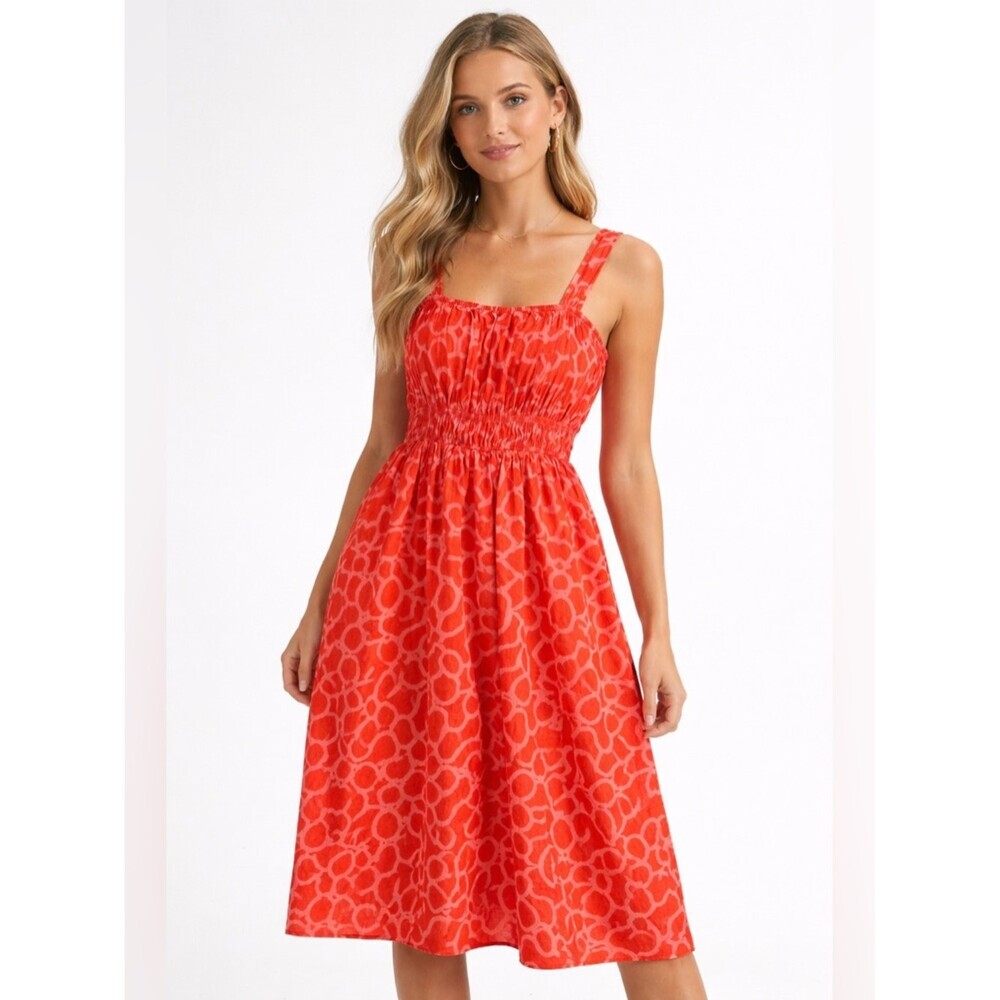 Hudson North Patterned Cotton Midi Dress Red Pink Size Medium